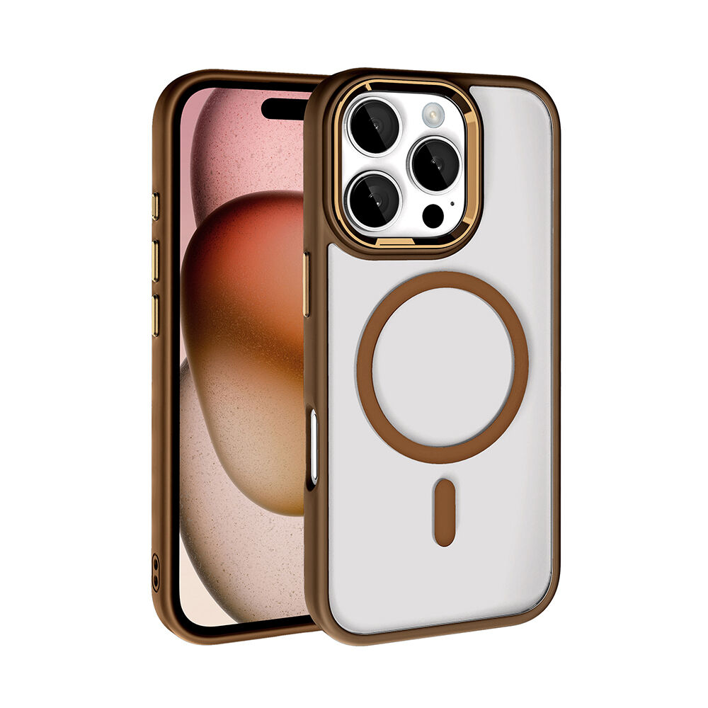 iPhone 16 Pro Max Kılıf Wireless Şarj Özellikli Krom Magsafe Silikon Kapak Rose Brown